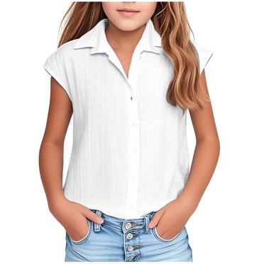 Yanlir 3-14 Years Girls Cotton Linen Shirts Summer Casual Button v Neck Tunic Blouses Kids Trendy Lightweight Solid Short Sleeve Loose Tops(White#1,7-8 Years)