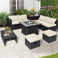 thumbnail image 3 of Patiojoy 9 Pieces Outdoor PE Rattan Wicker Sectional Sofa with 35-Inch Gas Fire Pit Table Space-Saving Patio Conversation Set with Storage Box Off White, 3 of 10