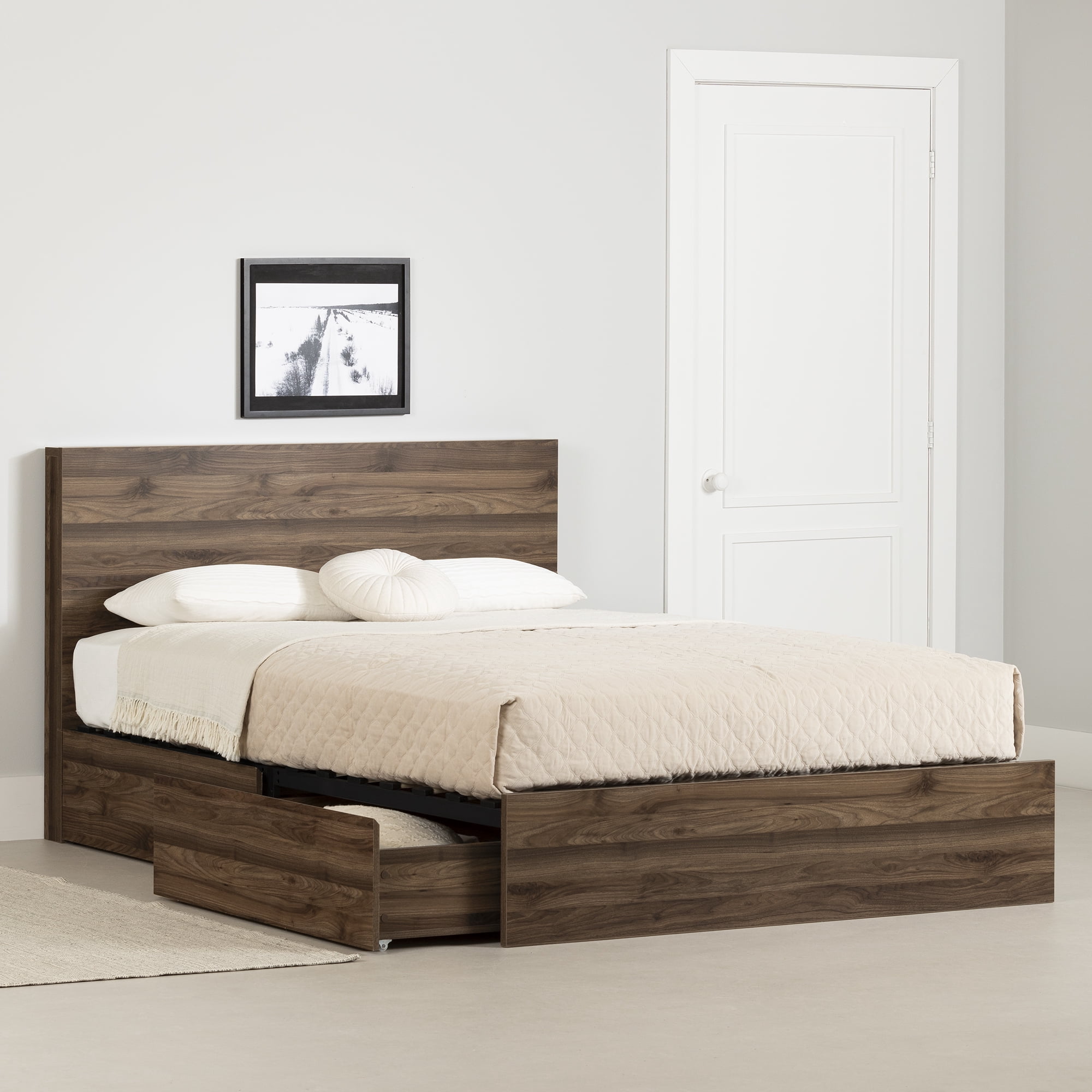 South Shore Musano Queen 2-Drawer Complete Bed, in Natural Walnut
