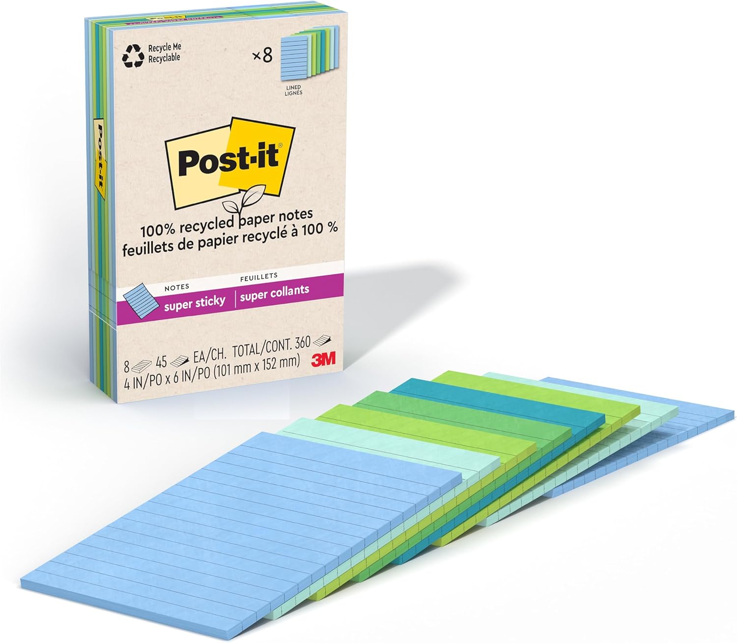 Post-it 100% Recycled Paper Super Sticky Notes, Lined view 2
