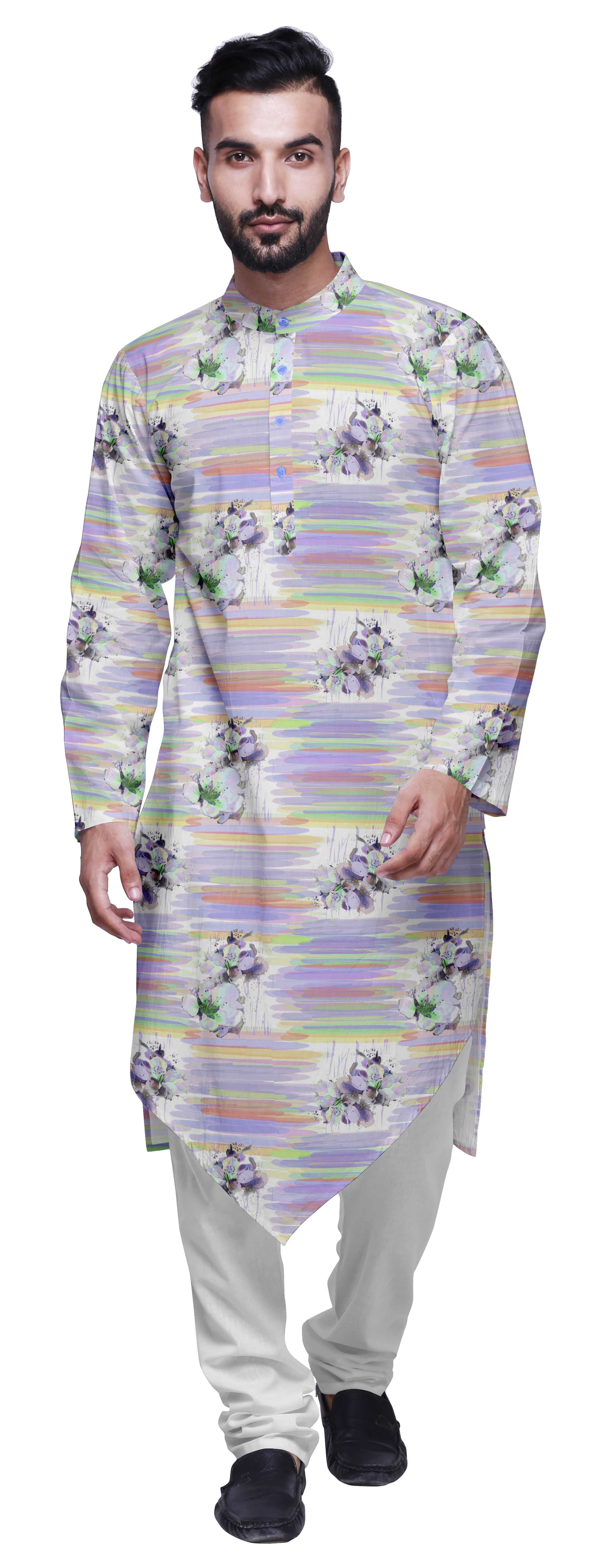 Atasi Indian Mandarin Collar Mens Kurta Printed Button Down Kurtas Ethnic Clothing