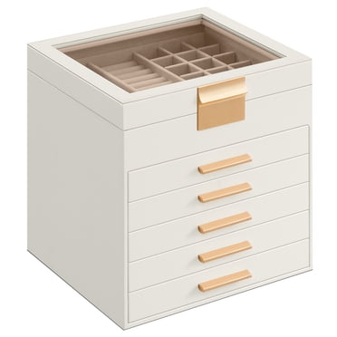 SONGMICS Jewelry Box with Glass Lid, 6-Layer Jewelry Organizer, 5 Drawers, 8 x 9.1 x 9 inches, Cloud White and Gold Color