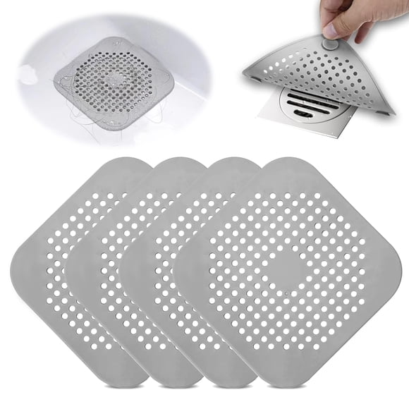 Square Capteur de Drain pour Cheveux, Couvercle de Drain Square pour Douche, Bouchon à Cheveux en Silicone avec Ventouse, Facile à Installer, Convient à la Salle de Bain, à la Baignoire, à la Cuisine, Lot de 4 (Gris)