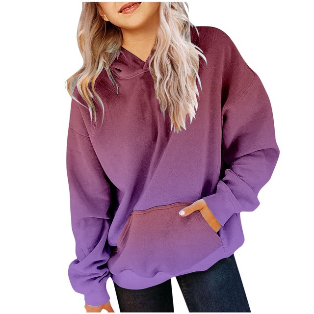 MIASHUI Girls Sweatshirt Tops Gradient Long Sleeve Oversized Hoodies Pullover,Dark Purple,11-12 Years