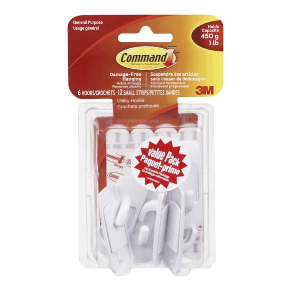 Crochets multi-usages Command, petits, blancs, 6 crochets, 12 languettes adhésives