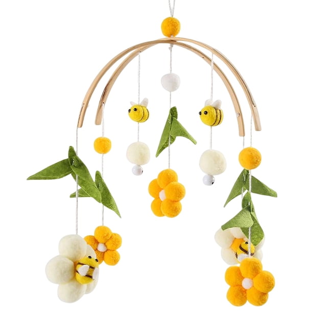 Montessori Musical Crib Mobile Bed Toy Rattle Hanging Rotating Toy for Car Pram, measuring 39x23.3cm. Features a wooden arch frame with multicoloured felt decorations, including yellow flowers, green leaves, and bee-shaped pendants. Rotates 360 degrees and plays musical sounds, promoting fine motor skills, sensory development, and shape recognition. Ideal for cribs, cars, prams, and as a newborn gift.