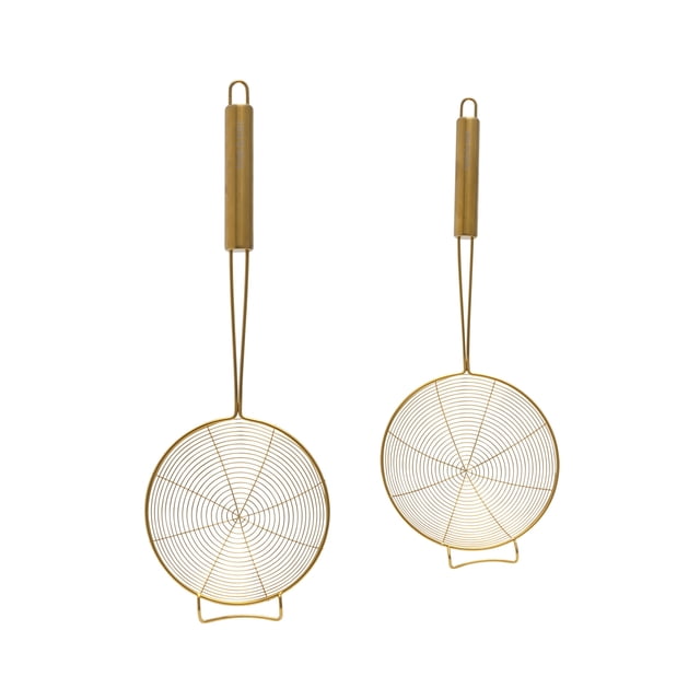 Thyme and Table 2 Pack Wok Skimmers two-piece set with perforated round stainless-look heads and long black heat-resistant handles, front-facing view with larger and smaller skimmer overlapping, for scooping, lifting and draining stir-fry and fried foods; also suitable for skimming poached eggs or retrieving boiled items.