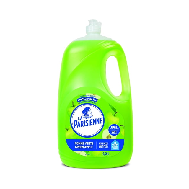 La Parisienne Liquid Dish Green Apple refill size 2.66L in a bright green plastic jug with built-in handle and flip-top cap, featuring a biodegradable formula with fresh green apple scent, soft on hands, made in Quebec, suitable for everyday dishwashing.