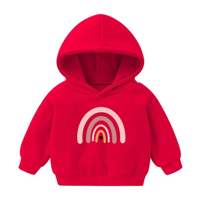 Penkiiy Chandail à Capuchon pour Tout-Petit Bébé, Imprimé Arc-en-Ciel, Chandail à Capuche, Chandail en Molleton pour Enfants Garçon Fille, Rembourré, Sport, Manches Longues, Hauts, Tenue d'Automne Hiver, Rouge, pour 3 Ans