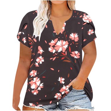 Pisexur Petal Sleeve Plus Size Tops for Women Casual Summer Tie-Dye Print Oversized T Shirts Loose Split Neck Short Sleeve Raglan Tunics Blouses XL-5XL
