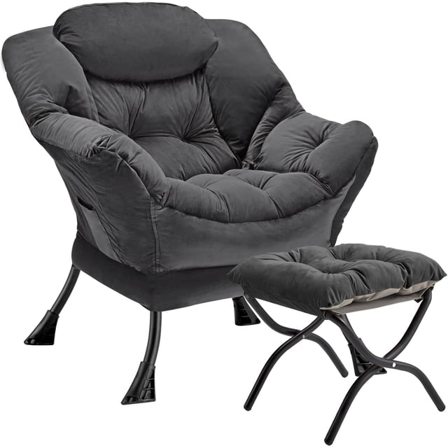 Bingirl Large Modern Accent Chair with Foldable Footrest Ottoman - Upholstered Dark Grey Reading Lounge Chair