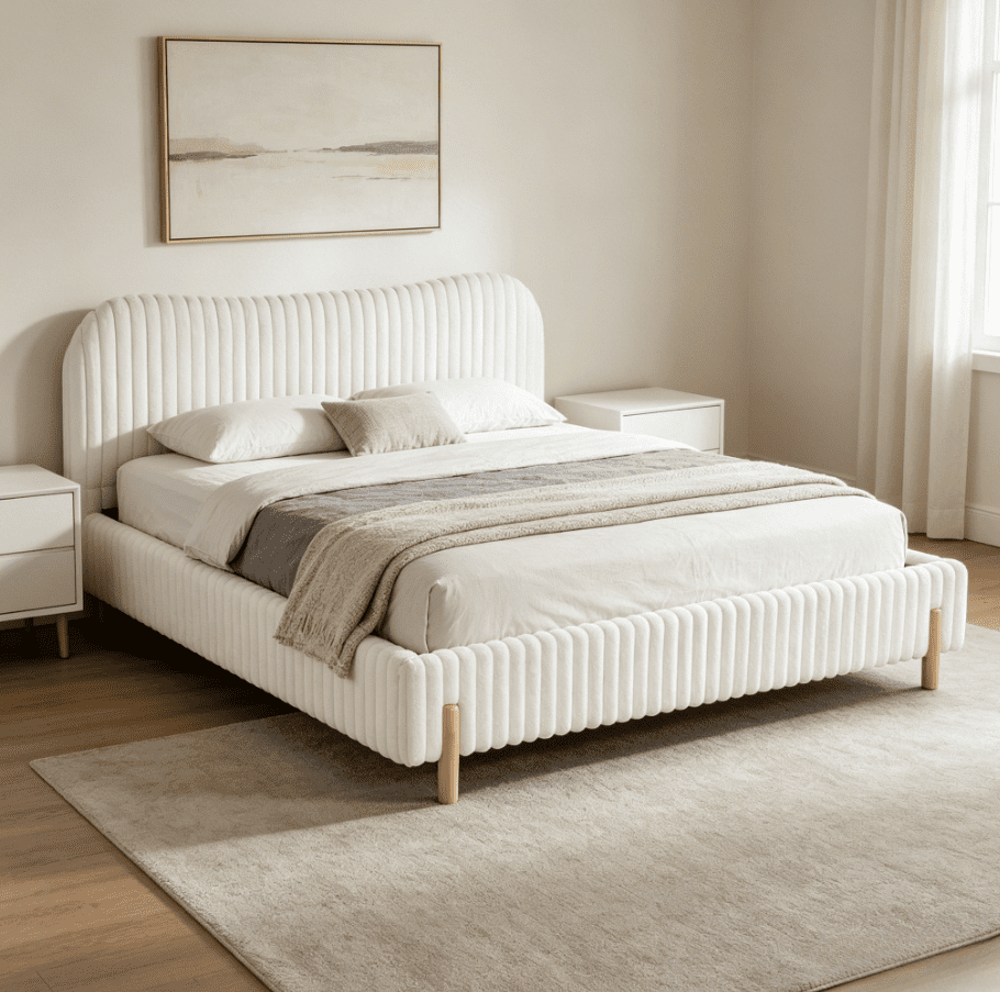 Homy Casa King Platform Bed Frame with Curved Plush Upholstered Headboard, Wood Slats, White