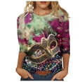 thumbnail image 2 of T-shirts de Mardi Gras pour Femmes Grande Taille, T-Shirts de Croisière de Carnaval, Masque Pailleté Graphique Vêtements de Mardi Gras Femmes Grande Taille, Mode T-Shirts à Imprimé Masque pour Femmes Manches 3/4 Col Rond Hauts de Carnaval, 2 of 5
