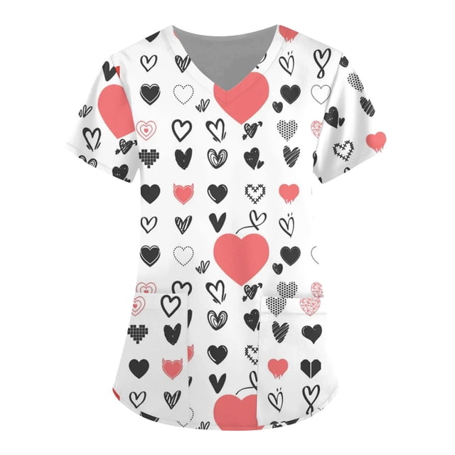 TIMIFIS Haut de Sarrau Noir pour Femme Imprimé Manches Courtes Col en V Hauts Uniforme de Travail Imprimé Blouse à Poche Hauts avec Poches-Noir. Ce Haut de Sarrau pour Femme Présente une base Blanche avec un Imprimé Cœur Ludique en Noir et Rose, Manches Courtes, et un design à Col en V. Il Comprend Deux Poches avant pour la Fonctionnalité, le Rendant Adapté au Travail Ou au Port Quotidien. Fait d'Un Mélange de 95 % polyester et 5 % Élasthanne, Il Offre une Coupe Confortable et Respirante.