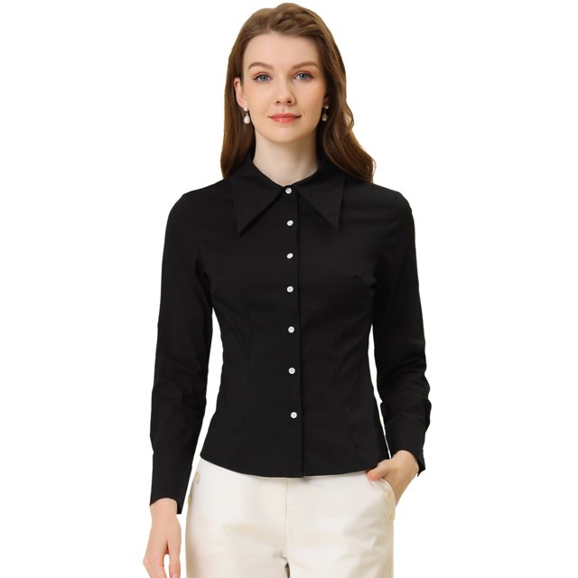 INSPIRE CHIC Chemisier en Mousseline à Col Pointu à Manches Longues pour Femme Noir P
