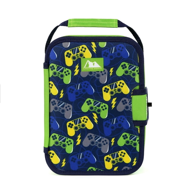 Arctic Zone Eco Zipperless™ Lunch Pack with navy blue background patterned with yellow, green, blue, and gray video game controllers and yellow lightning bolts, green handle, zipperless turn-lock closure, and high density thermal insulation to keep food fresh.