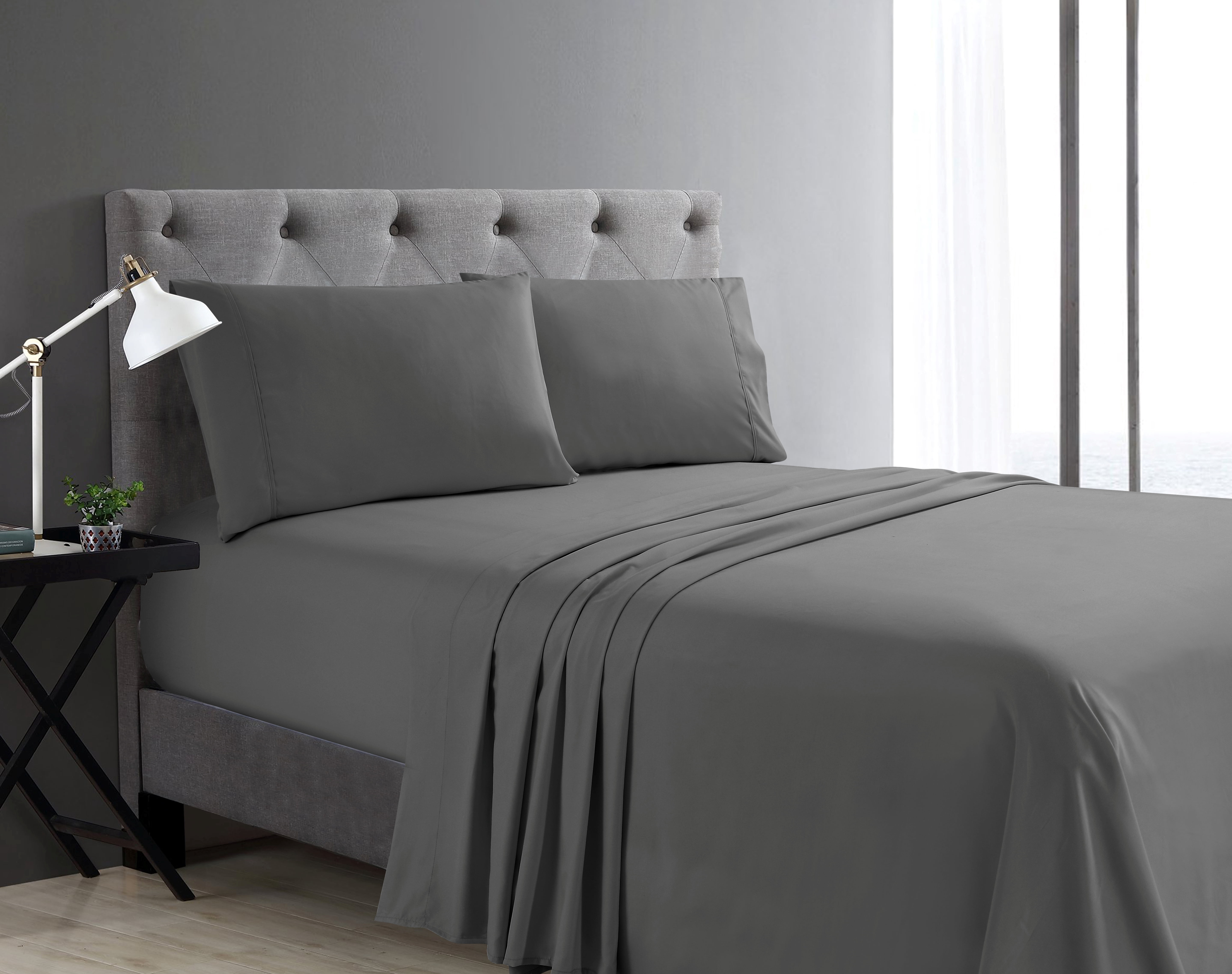 Swift Home Basic Ensemble de draps 4 pièces format très grand lit, ultra doux, poches profondes, entretien facile, ensemble de literie, gris