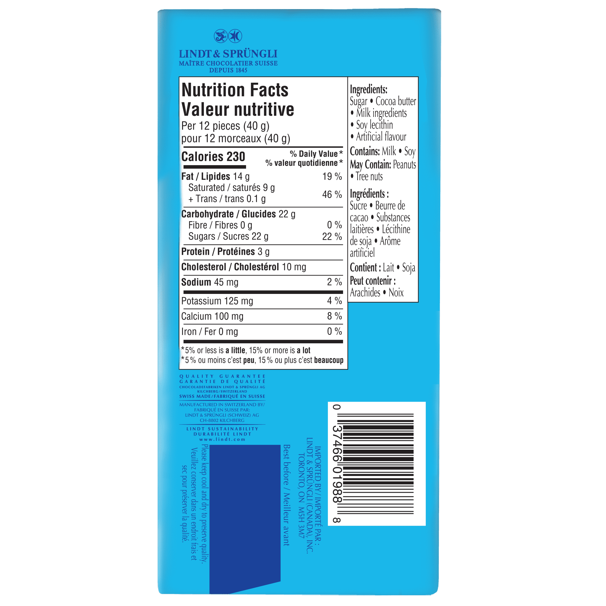 Chocolat blanc Lindt SWISS CLASSIC – Barre (100 g)