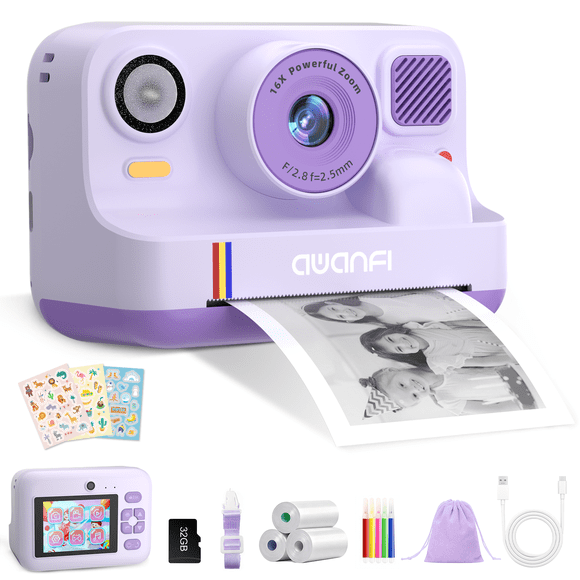 AWANFI Appareil Photo Instantané pour Enfants, avec Papier d'Impression 2,4 Pouces HD 1080P Appareil Photo Vidéo Numérique Instantané pour Garçons et Filles de 3 à 12 Ans Cadeaux d'Anniversaire - Violet