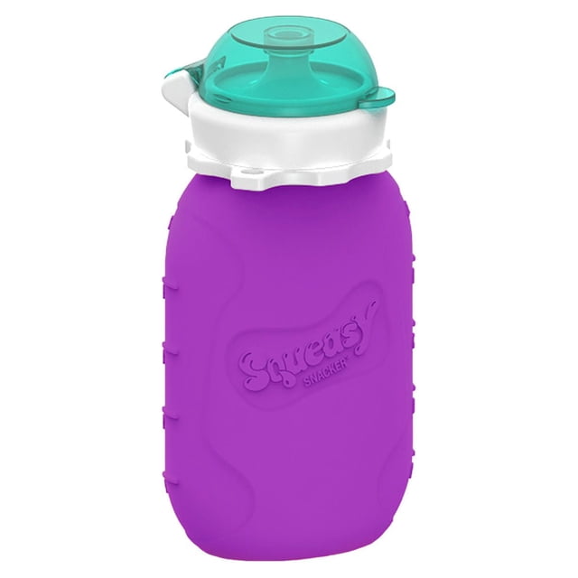 Squeasy Gear Pochette pour Nourriture de Bébé en Violet avec insert Amovible 2-en-1 Anti-Renversement Turquoise et Col Blanc, Conçue pour Remplir Facilement et Nourrir Purées, Yogourt et Liquides en Déplacement avec une Grand Ouverture et une Prise Ergonomique.