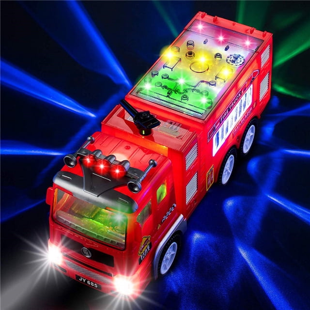 Luminous Fire Truck Toys For Kids With Light Sound, a vibrant red toy fire truck with 3D light effects and firefighter-themed decals. Features include forward, backward, and 360-degree spinning motion, powered by 3 AA batteries (not included). Ideal for imaginative play and role-playing as a firefighter. Dimensions are approximately 27.5x10x11.5cm, making it a great children's gift.