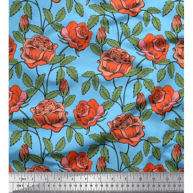 Soimoi Poly Georgette Fabric Leaves & Rose Floral Printed Fabric 1 Yard 52 Inch Wide
