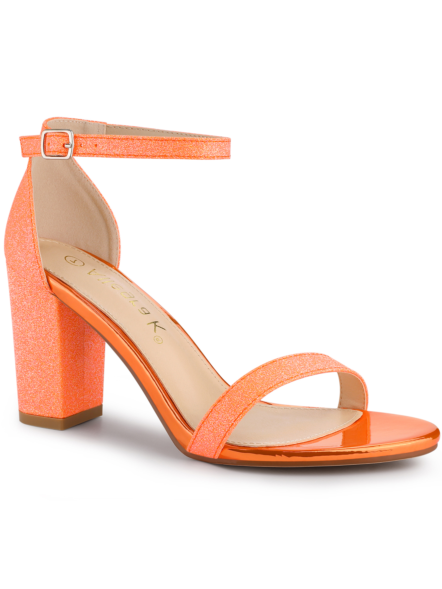 BLISSFUL STEP Women's Solid Color Glitter Ankle Strap Chunky Heels Sandals