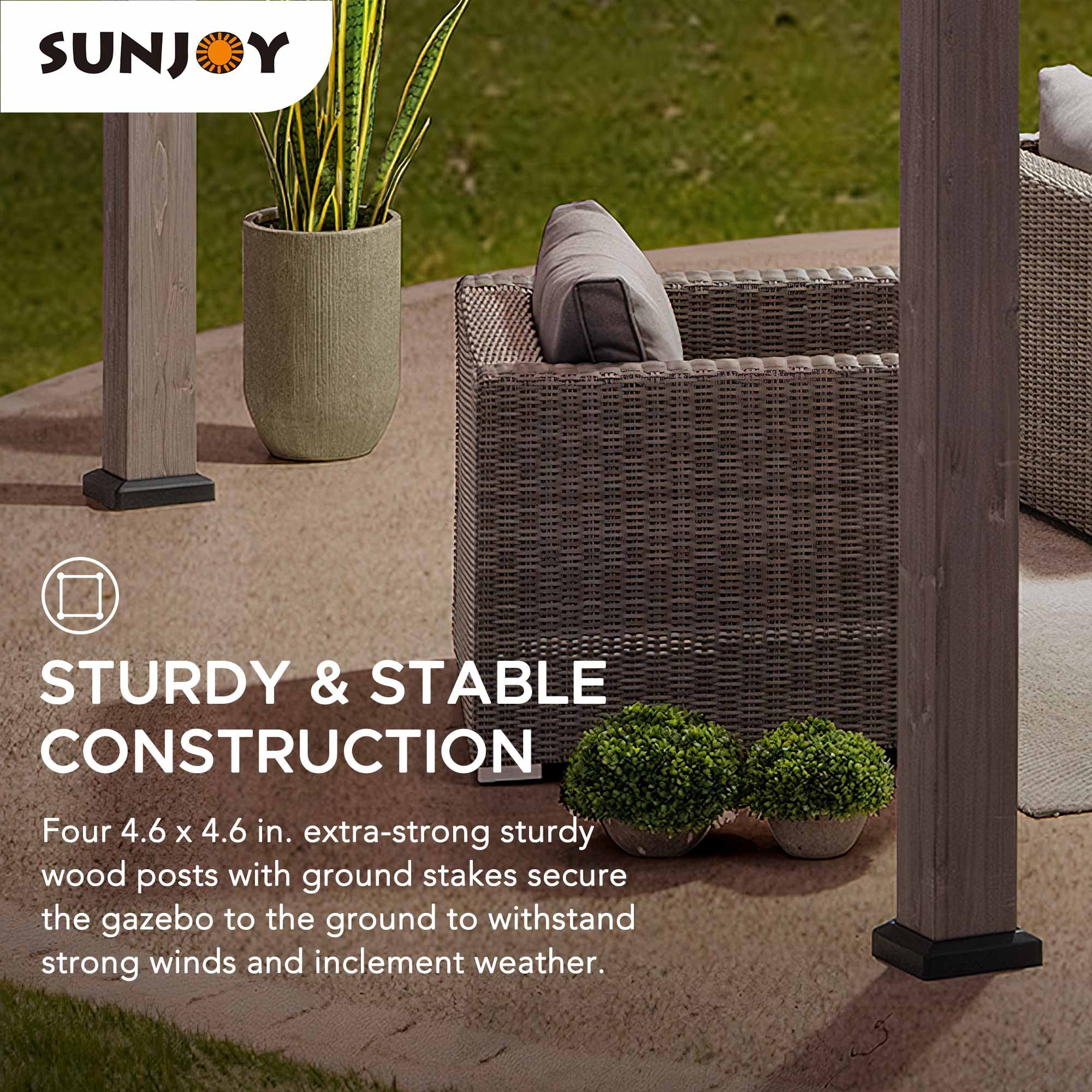 Sunjoy Gazebo à ossature en cèdre de 13 pi x 15 pi avec toit en arêtier à 2 niveaux en acier noir