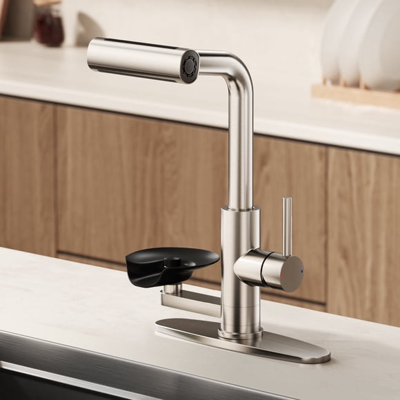 KAIYING Robinet de Cuisine à Bec Rétractable avec Rinceur de Verre Intégré et Mode Cascade, Nickel Brossé