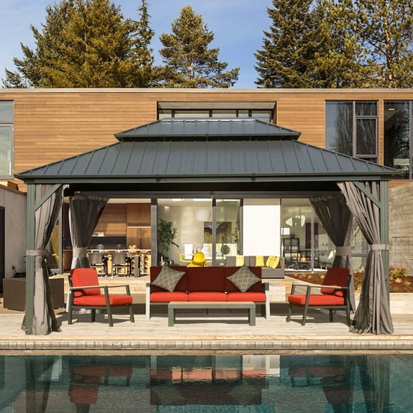 Domi Outdoor Auvent de Gazebo à Toit Rigide 10 X 14 Pi en Métal avec Double Toit en Acier Galvanisé, Rideau et Moustiquaire pour Patio, Terrasse, Cour Arrière, Gris