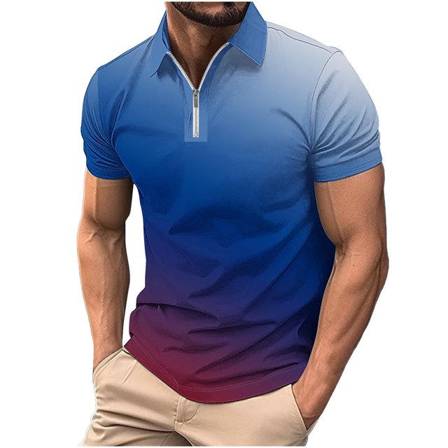Chemises pour Hommes Imprimé Décontracté Manches Courtes Col Rabattu T-Shirt à Fermeture Éclair Blouse Tops