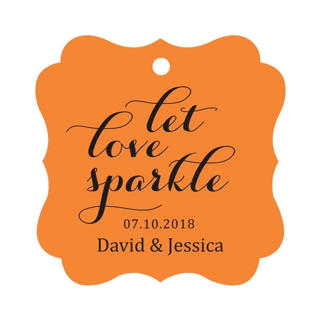 Darling Souvenir Custom Let Love Sparkle Wedding Hang Tags Personalized Fancy Frame Paper Tags -Orange-100 Tags