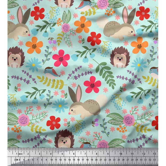 Soimoi Cotton Duck Fabric Floral,Rabbit & Porcupine Cartoon Decor Fabric Printed Yard 56 Inch Wide