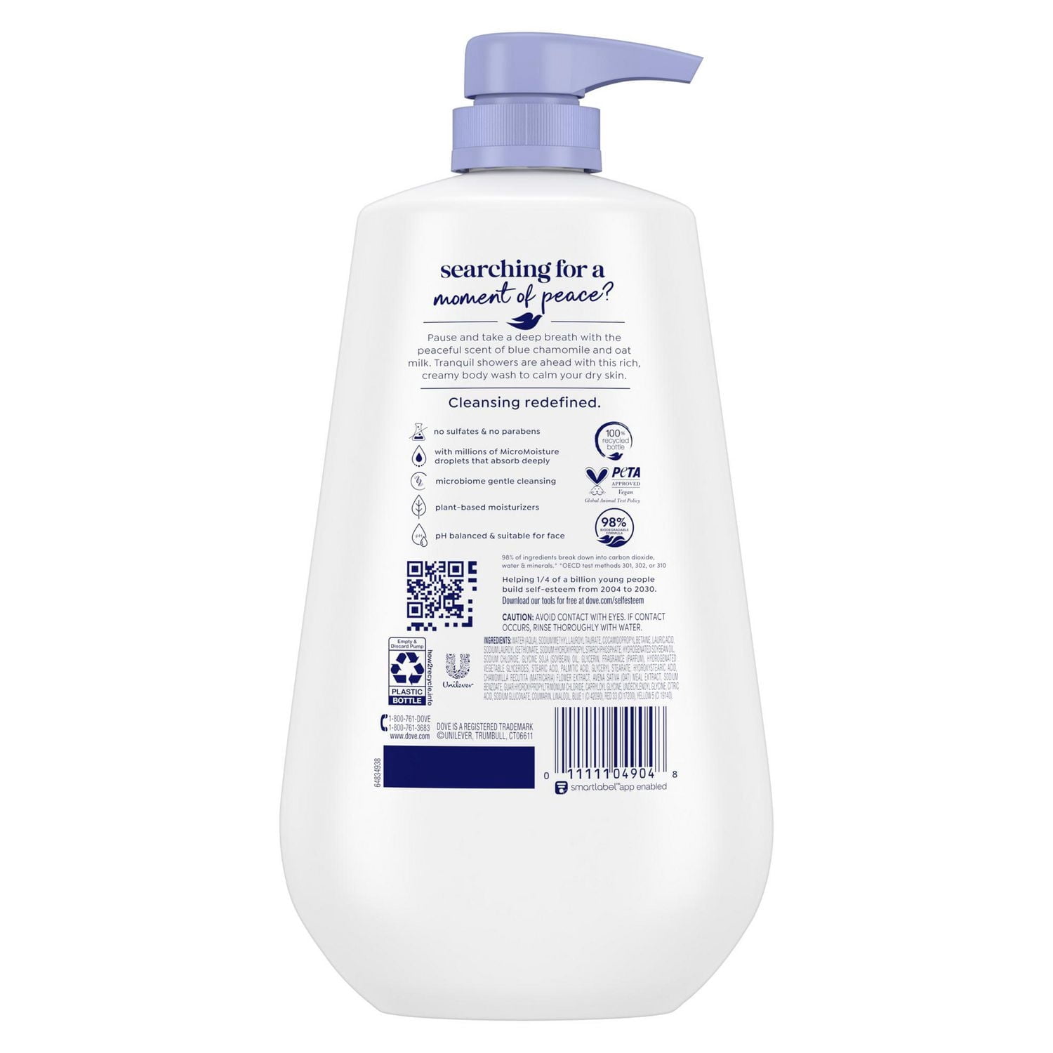 Dove Nettoyant Corporel pour 24 H de Peau Douce Camomille Bleue et Lait d'Avoine Anti-Stress, 905 ml