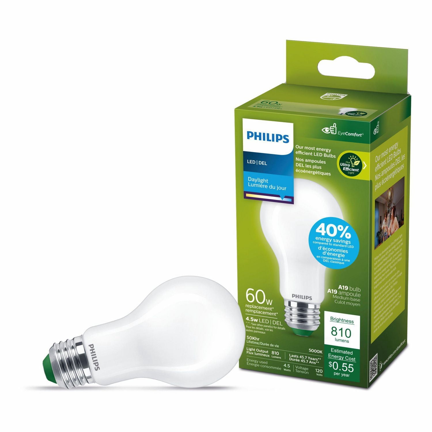 Philips Ultra Efficient LED Bulb 60W A19 1PK Day light Frosted Non-Dimmable Medium Base