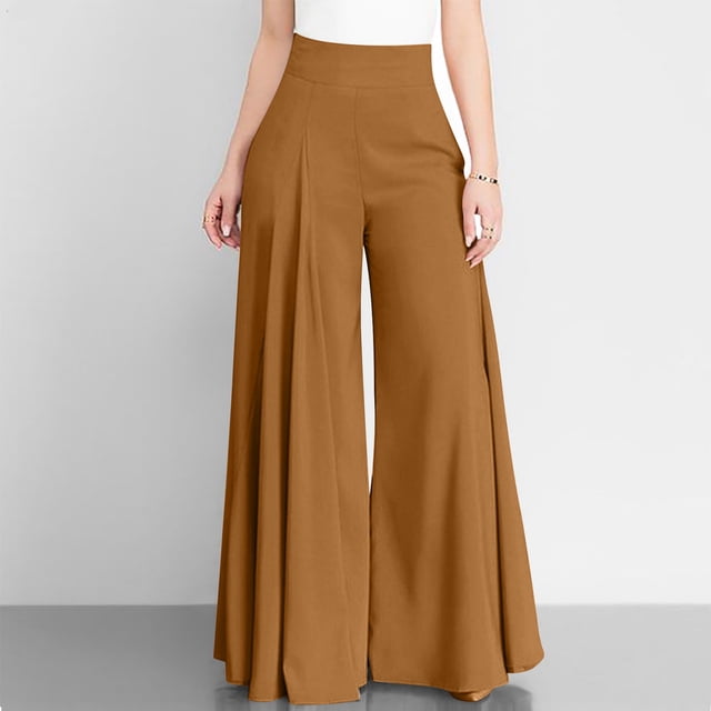 Meichang Women's Plus Size High Waisted Wide Leg Pants, Brown, Size XL