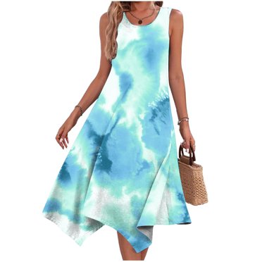 Meichang Robes d'Été Décontractées pour Femmes Ourlet en Pointe Robes Soleil Sans Manches Encolure Dégagée Teinture sur Nœuds Robes Midi Fluides Plage Vacances Robes Débardeur Bleu TTG