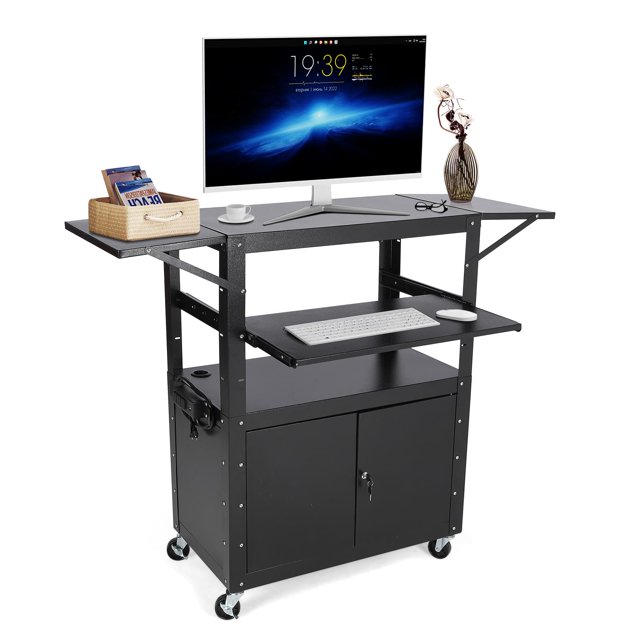 Av Cart With Lockable Cabinet, Height Adjustable 24-42", Non-Slip Mat, 100 Lbs Capacity, Mobile Workstation With Additional Storage