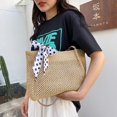 thumbnail image 4 of Women Straw Woven Handbags Vintage Silk Ribbon Large Shoulder Bags (Beige), 4 of 7