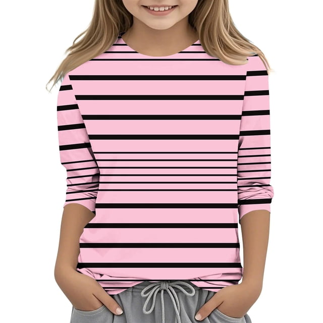 ShomPort Boys Girls T-Shirts 3/4 Sleeve Stripe Pattern Round Collared Lightweight Undershirt Cozy Soft Pullover Basic Layer Tees Tops
