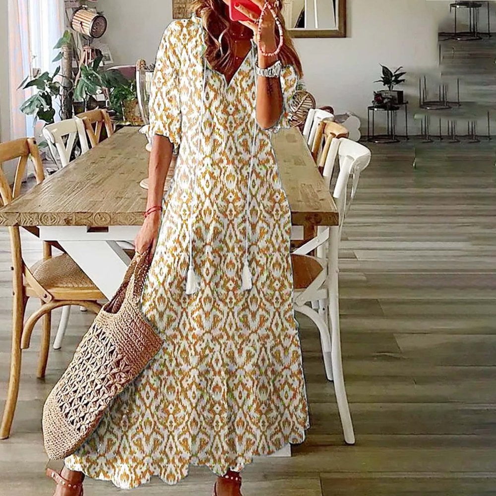 JUNWELL Robe Bohème d'Été pour Femmes, Robe Maxi Décontractée Grande Taille, Couleur Unie, Col en V, Robes Soleil, Dentelle à Franges, Longue Robe