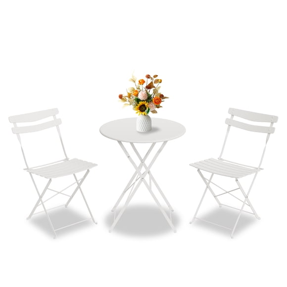 Mobilier de Patio Mobilier d'Extérieur - Ensemble Bistro Pliable 3 Pcs (Table + 2 Chaises), Blanc, Métal pour Balcon/jardin (Aucun Assemblage)
