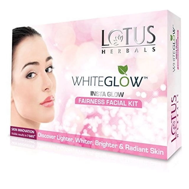 Lotus Herbals Whiteglow Insta Glow 4 In 1 Facial Kit, 40g packaging with a pink and white design featuring the brand logo and product name. The box highlights benefits such as lighter, brighter, and radiant skin, with visible results in 7 days.