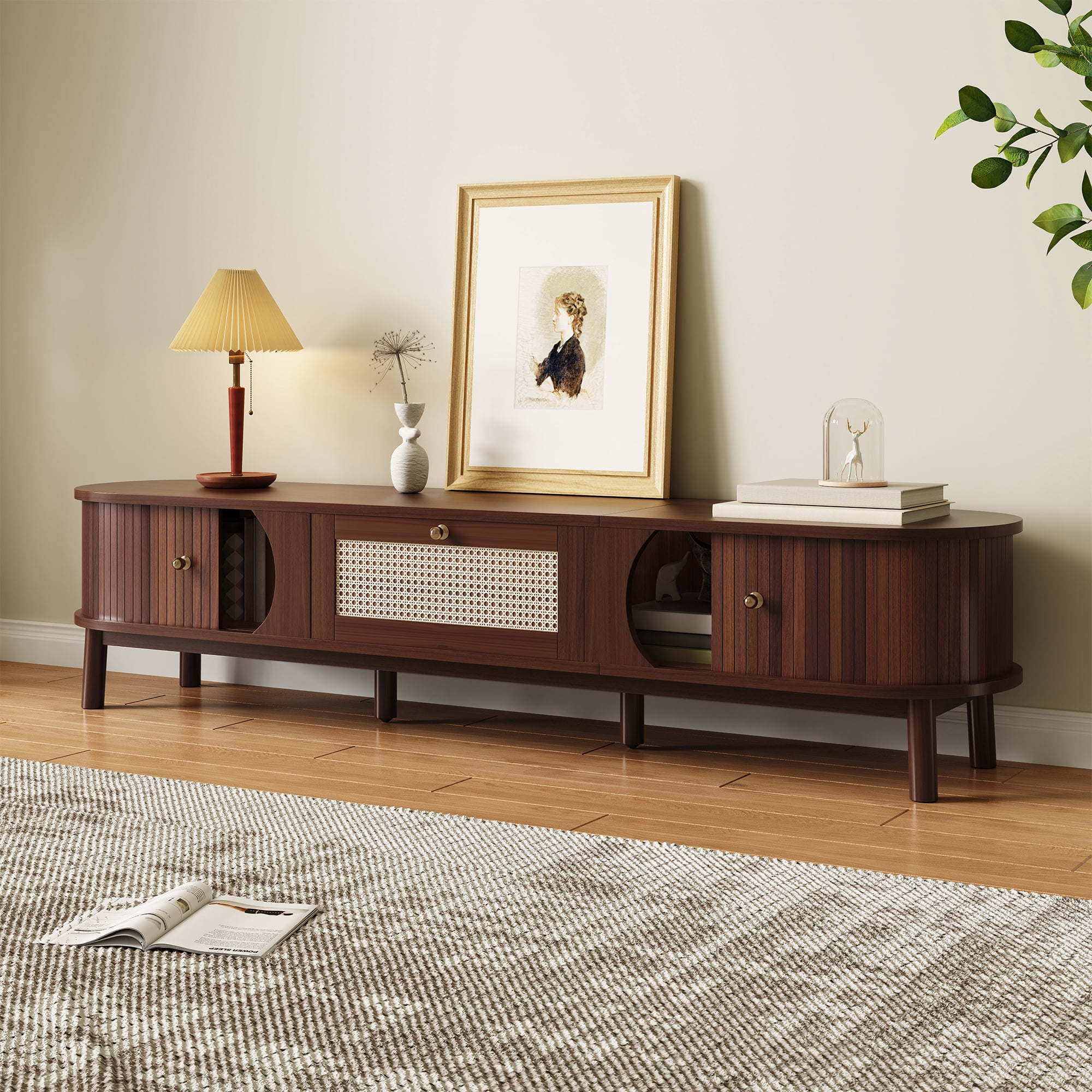 Noble House Meuble TV avec Portes à Lattes en Bambou et Tiroirs en Rotin, Solution de Rangement pour Console Multimédia Rustique, Naturel