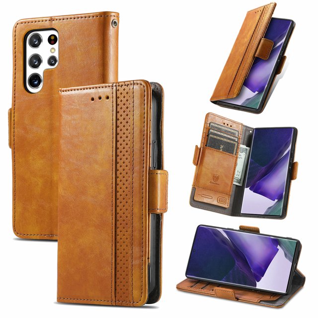 Case for Samsung Galaxy S22 Ultra 5G Cover Leather Wallet Folio Case Book Design Flip Magnetic Closure - Yellow
