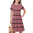 thumbnail image 1 of Soldes de Liquidation d'Été Iumwxz Robe Tunique Plissée Robe Ample Ligne A Robes Col Rond Rayé Graphique Robe à Manches Courtes pour Enfants Robes Tendance pour Cadeaux des Fêtes 4-14a, 1 of 7
