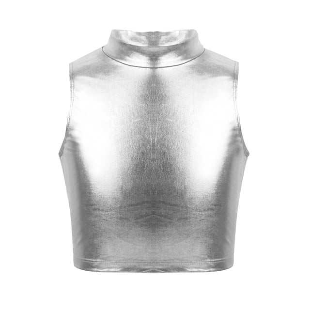 Oyolan Enfants Filles Métallique Sans Manches Col Roulé Court Camisoles Ballet Danse Scène Performance Entraînement Gilet Argent 6