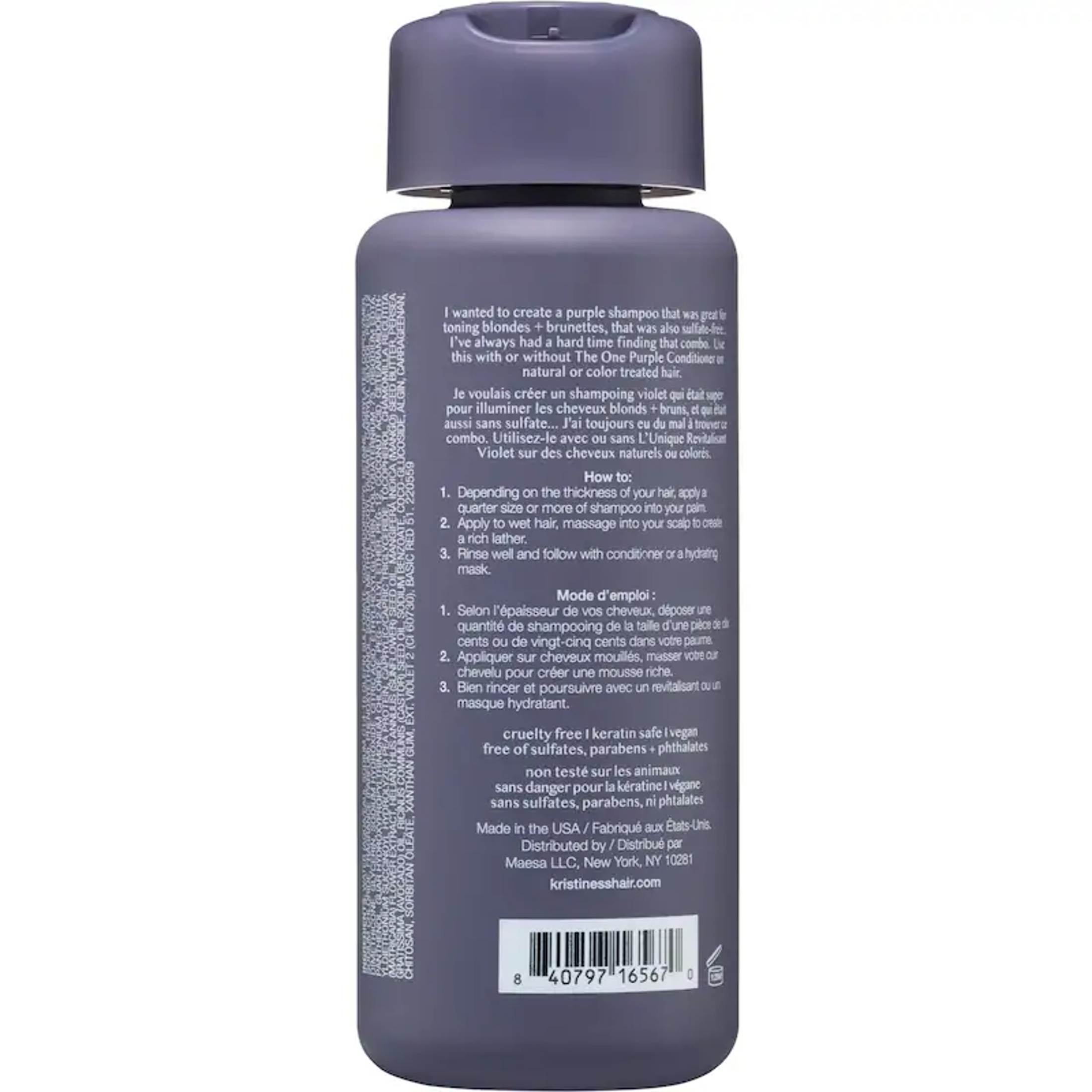 Kristin Ess The One Purple Shampoo for Blonde, Brunette, Silver + Grey Hair, Anti Brass + Yellow Tones, Sulfate Free Toning Shampoo, 296ml