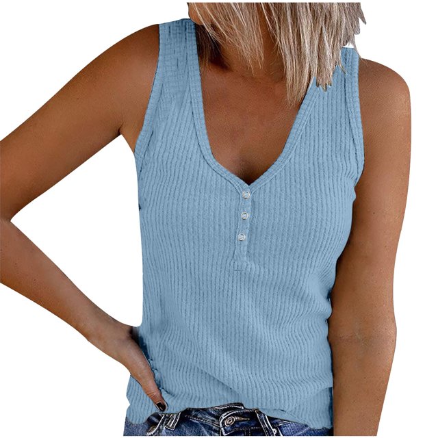 AherBiu Ribbed Tank Tops for Women 2024 Summer Knitted Slim Fitted Camis Stretchy Comfy Button V Neck Tops