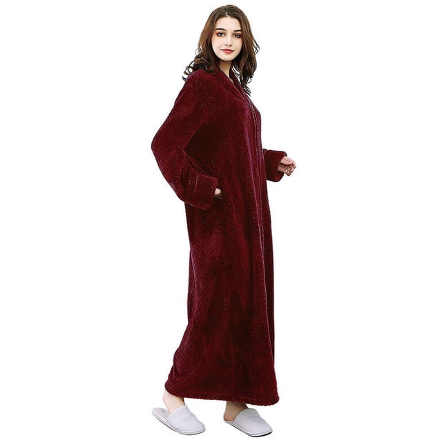 Women's Flannel Robe Zipper Front Long Plush Full Length Bathrobe with Pockets M-XL